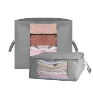 Set of two gray fabric clothes storage bags with clear windows and reinforced handles