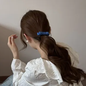A close-up view of a blue double-layered bow hair tie worn on a model's wavy ponytail.