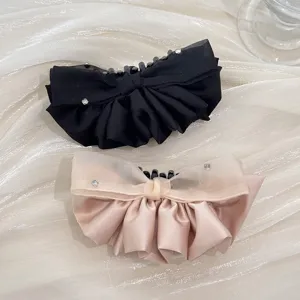 French Elegant Bow Hair Clip Gentle Sweet Mesh Satin Ruffle Banana Clip High Ponytail Vertical Clip For Women Hair Jewelry