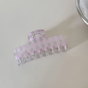 Elegante pinza para el pelo transparente a cuadros rosa para peinados de estilo coreano.