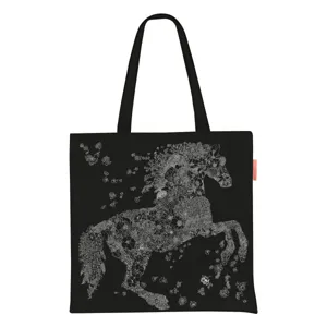 Vista dettagliata della borsa in tela nera con intricato disegno floreale bianco di cavallo