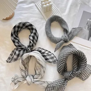 100% Pure Linen Square Scarf Women Breathable Japanese Style Neck Scarf Vintage Plaid Striped Bandana For Hair Neck Accessory