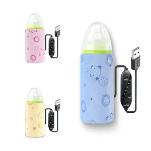 Detailansicht USB-Babyflaschenwärmer in Pink, Blau und Gelb mit Controller-Einheit