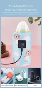 Tragbare USB-Babyflaschen-Wärmehülle mit Bärenmuster und verschiedenen Stromversorgungsoptionen.