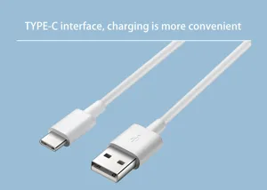 Detailansicht eines weißen USB-zu-Typ-C-Ladekabels auf einem weichen blauen Hintergrund