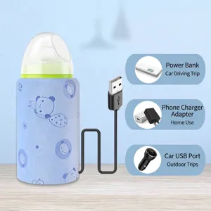 Portable USB baby bottle warmer sleeve with constant temperature heating for travel use.