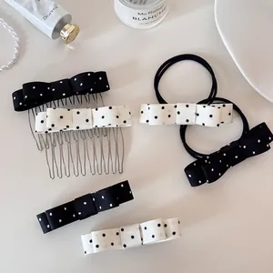 Korean Style Polka Dot Bow Hair Accessories Set Stainless Steel Fabric Hair Clip Comb Hair Tie Sweet Bowknot Headwear For Women