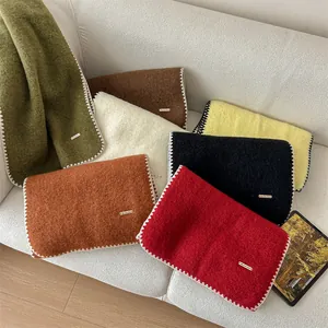 Korean Style Wool Blend Mohair Scarf For Women Winter Warm Blanket Stitch Solid Color Long Shawl Wrap With Metal Label