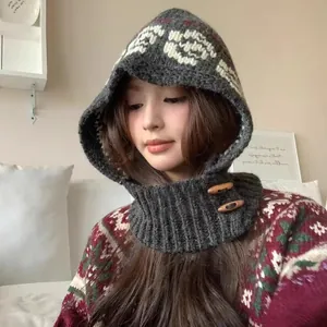 Women Fair Isle Knitted Balaclava Retro Winter Warm Wool Blend Scarf Integrated Hat With Wood Buttons Ethnic Style Hood