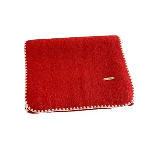 Luxury red mohair cashmere scarf with elegant white blanket stitch edges for winter