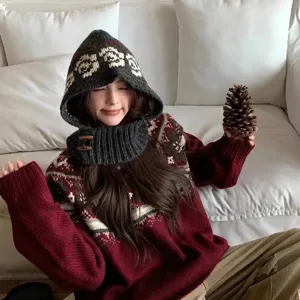 Vintage Fair Isle knitted balaclava hood with integrated neck warmer for women