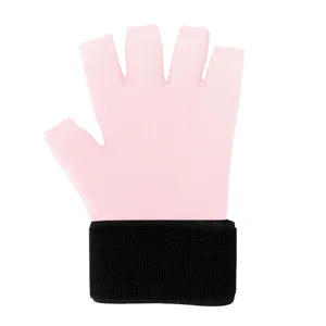 Soft pink solid gel glove for hot and cold compress with black wrist guard support.