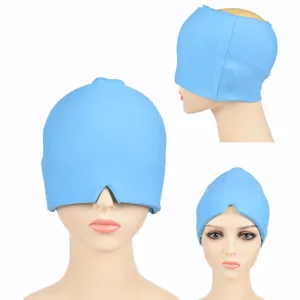 Blue gel ice hat for headache relief and forehead cooling shown on mannequin