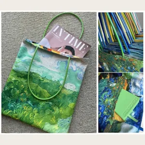 Detail view of Van Gogh oil painting canvas tote bag with artistic landscape print