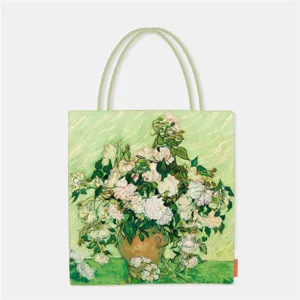 Detailed view of the artistic canvas tote bag featuring Van Gogh's Roses oil painting print