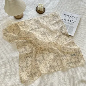 Elegant floral print cotton-linen square scarf for women in Japanese and Korean style