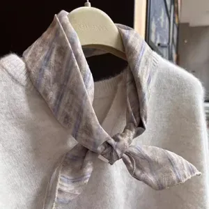 Artistic cotton linen square scarf with soft blue and purple stripes for elegant women