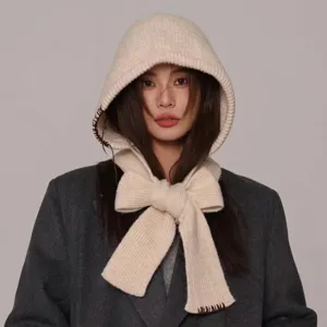Moda Estilo Coreano Mezcla de Lana Pasamontañas para Mujer Invierno Cálido Punto Integrado Capucha Bufanda Color Sólido Lazo Decoración Calentador de Cuello