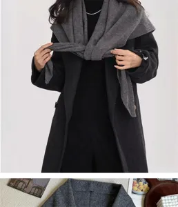 Detailansicht eines hochwertigen grauen Strickschals aus 100 % reiner Wolle für Damen