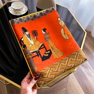 Detailweergave van vintage Chinese zijden sjaal met klassieke paleiskunsten erop