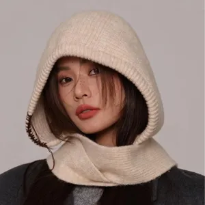 Pasamontañas de punto color crema con bufanda para mujer calidez de invierno otoño