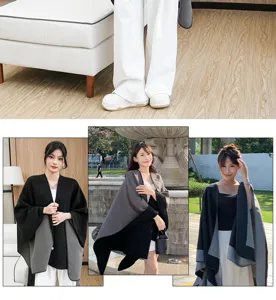 Collage showing versatile black and grey reversible shawl cloak for women in multiple scenes