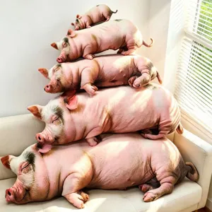 Pila de cinco almohadas de peluche de cerdo rosa realistas en varios tamaños sobre un sofá