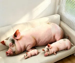 Vista detallada de almohadas de felpa de cerdo realistas en tres tamaños en un sofá