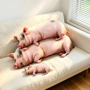 Tres almohadas de peluche de cerdo realistas apiladas en un sofá blanco y brillante