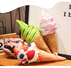 Detailed shot of four realistic 3D printed ice cream cone plush pillows in various flavors.