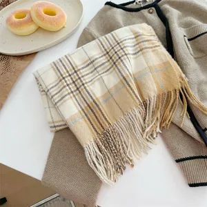 Detailaufnahme eines weichen karierten Schals mit Quasten auf einer Strickjacke