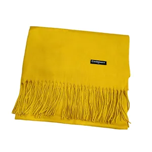 Elegante bufanda amarillo mostaza tacto cachemira con flecos largos, chal suave de invierno