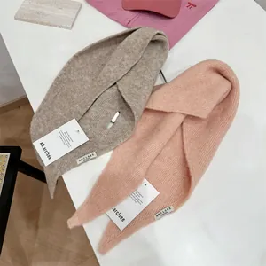 Premium wool blend knitted triangle scarf and bandana set in oatmeal and coral pink colors