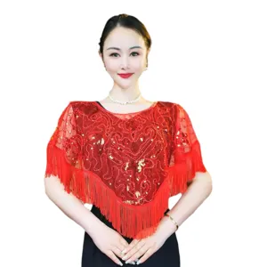 Elegante scialle rosso in tulle con paillettes e frange per abiti da sera e balli