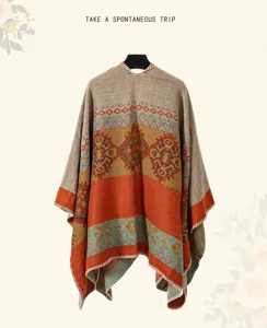Bohemian geometric pattern knit poncho shawl wrap detail for women's winter fashion