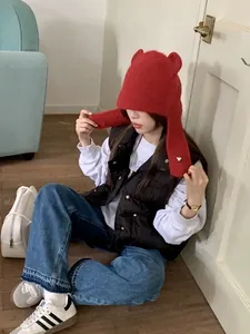 Cute red knitted bear ear beanie hat with warm ear flaps for women winter warm accessory