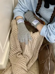 Detailed view of gray knitted wool gloves featuring a blue cloth brand label