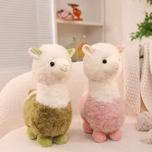 Two cute alpaca plush toys in pink and green, soft stuffed animals for children