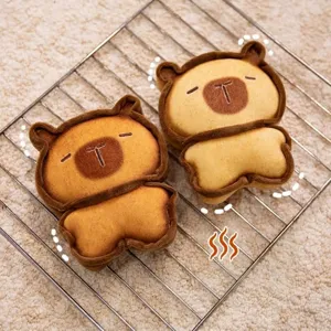 Deux peluches de pain Capybara mignonnes en forme de biscuits grillés sur une grille
