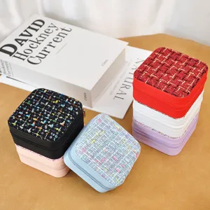 Tragbare Reise Mini Schmuck Aufbewahrungsbox Für Damen Tweed Gewebe PU Leder Schmuck Organizer Etui Für Ohrringe Ringe