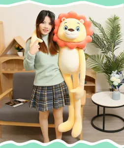 Large cute plush lion toy held by an Asian model to show long legs and soft texture