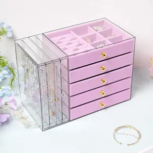 Organizador de joyas de acrílico con 5 cajones de terciopelo púrpura y almacenamiento vertical.