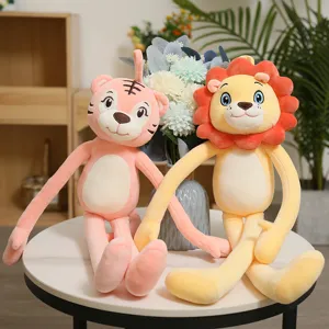 Pair of cute long-legged plush animal dolls, pink tiger and yellow lion toys
