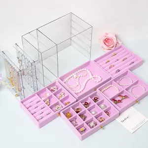 Caja de joyería de acrílico de gran capacidad con cajones de terciopelo rosa