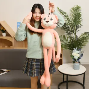 Cute pink long-legged tiger plush toy for kids, soft stuffed animal pillow for sleeping