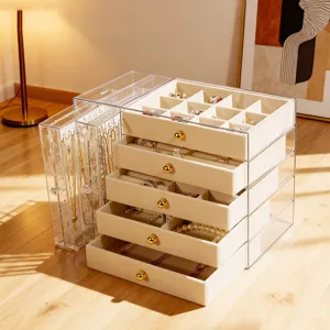 Joyero acrílico de gran capacidad con 5 cajones de terciopelo y compartimento para los collares.