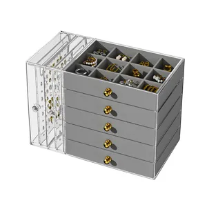 Organizador de joyas de acrílico grande con 5 cajones grises y soportes verticales.