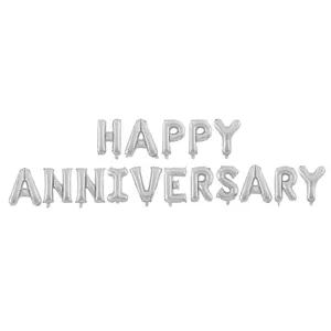 Silver foil balloons spelling HAPPY ANNIVERSARY for anniversary celebration decor.