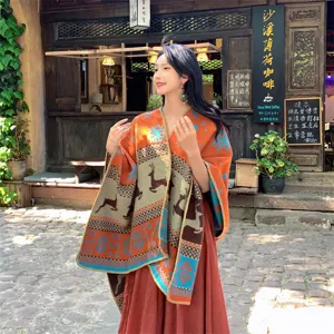Bohemian knit shawl poncho with reindeer and snowflake patterns for women outdoor