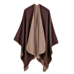 Elegant reversible women's large shawl cape in brown, warm knit poncho wrap for winter